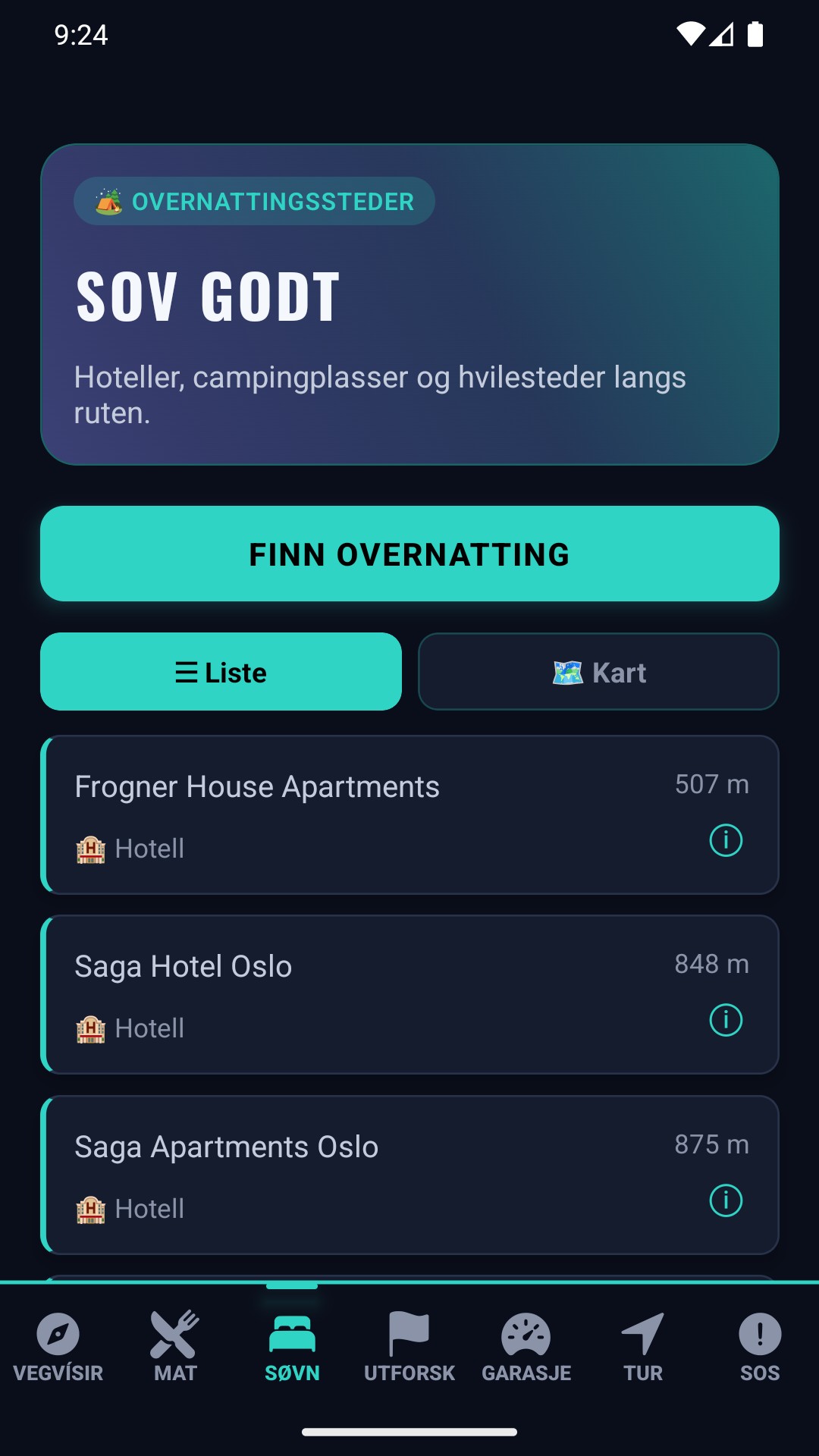 Overnattingsskjerm — hoteller, campingplasser og rasteplasser i nærheten